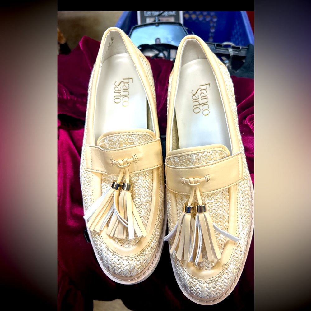 Franco Sarto Beige Rattan Slip On Loafers, Size Womens 11
